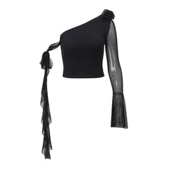 Long flared sleeve one shoulder mesh flower applique backless top-final-sale