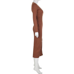 Long sleeve button high slit v neck irregular midi dress-final-sale