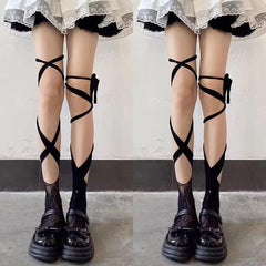 Self tie irregular lace thigh high socks