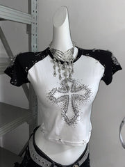 Cross pattern beaded mesh flower applique short pant set