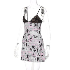 V neck abstract lace cami mini dress