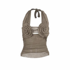 Halter pleated hollow out ruched mesh backless cut out top-final-sale