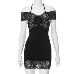 Halter off shoulder lace see through patchwork mini dress