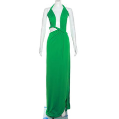 Halter irregular solid backless knotted ruched maxi dress-final-sale