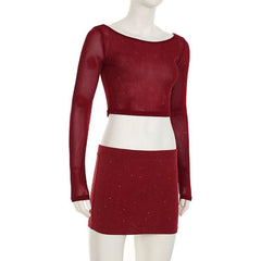 Crewneck long sleeve glitter crop mini skirt set