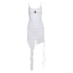 U neck sart applique ruffle irregular cami mini dress