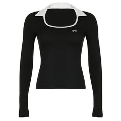 Long sleeve turnover collar bowknot embroidery top