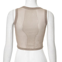 Sheer mesh letter print crewneck tank top
