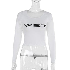 Long sleeve “WETâ€?print u neck top