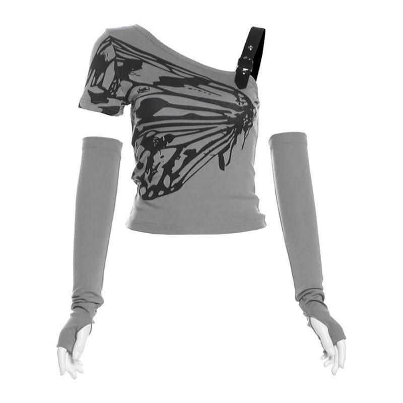 Irregular short sleeve gloves butterfly print top