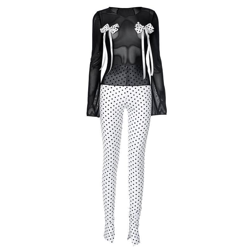 Long sleeve polka dot bowknot mesh crewneck pant set