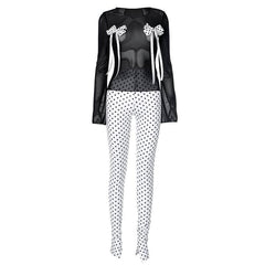 Long sleeve polka dot bowknot mesh crewneck pant set
