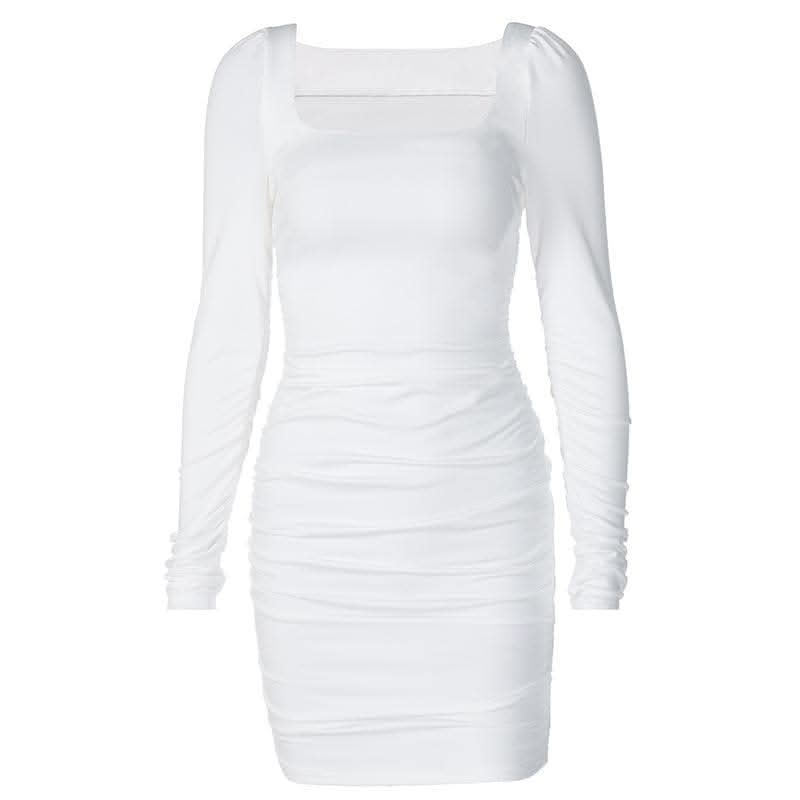 Long sleeve solid square neck ruched mini dress-final-sale