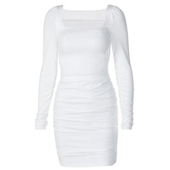 Long sleeve solid square neck ruched mini dress-final-sale