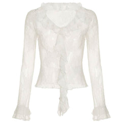 Long sleeve ruffle lace see through top