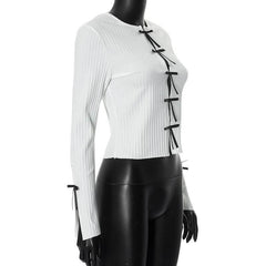 Long sleeve slit hollow out bowknot textured cut out top-final-sale