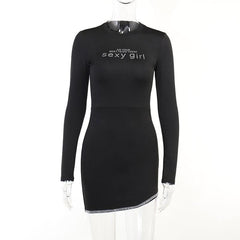 Long sleeve solid beaded sexy girl pattern mini dress-final-sale