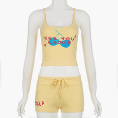 U neck letter print bowknot cami pant set