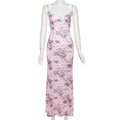 Ruched flower print contrast sleeveless v neck maxi dress-final-sale