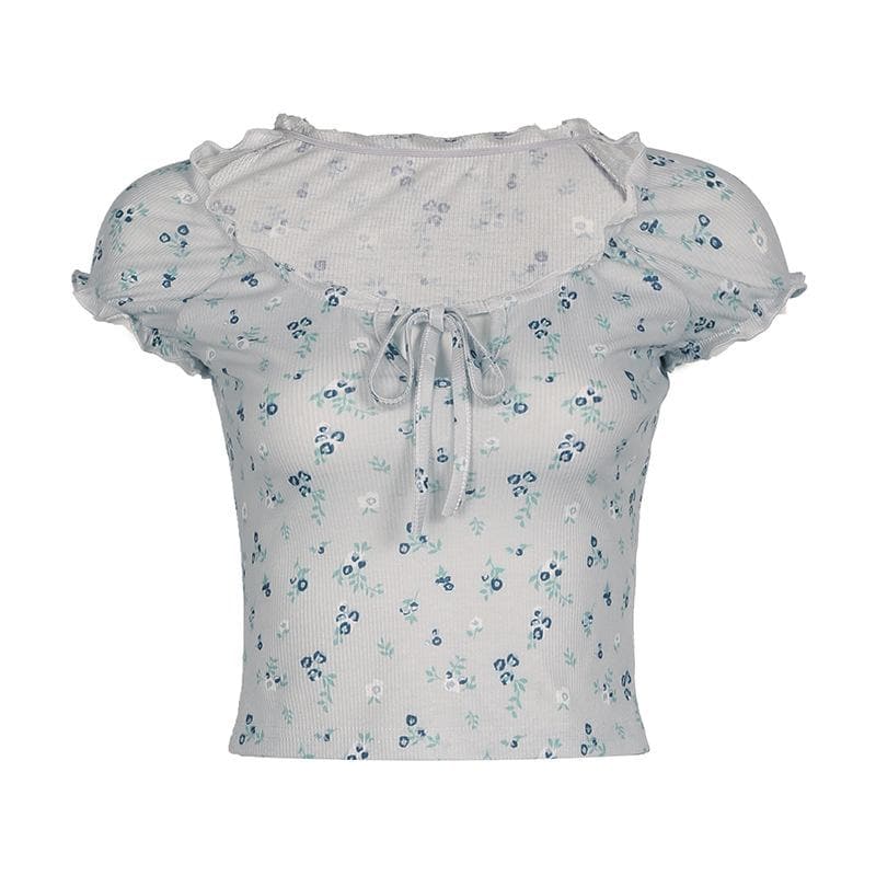 Short sleeve knotted ruffle ribbed print top