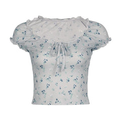 Short sleeve knotted ruffle ribbed print top