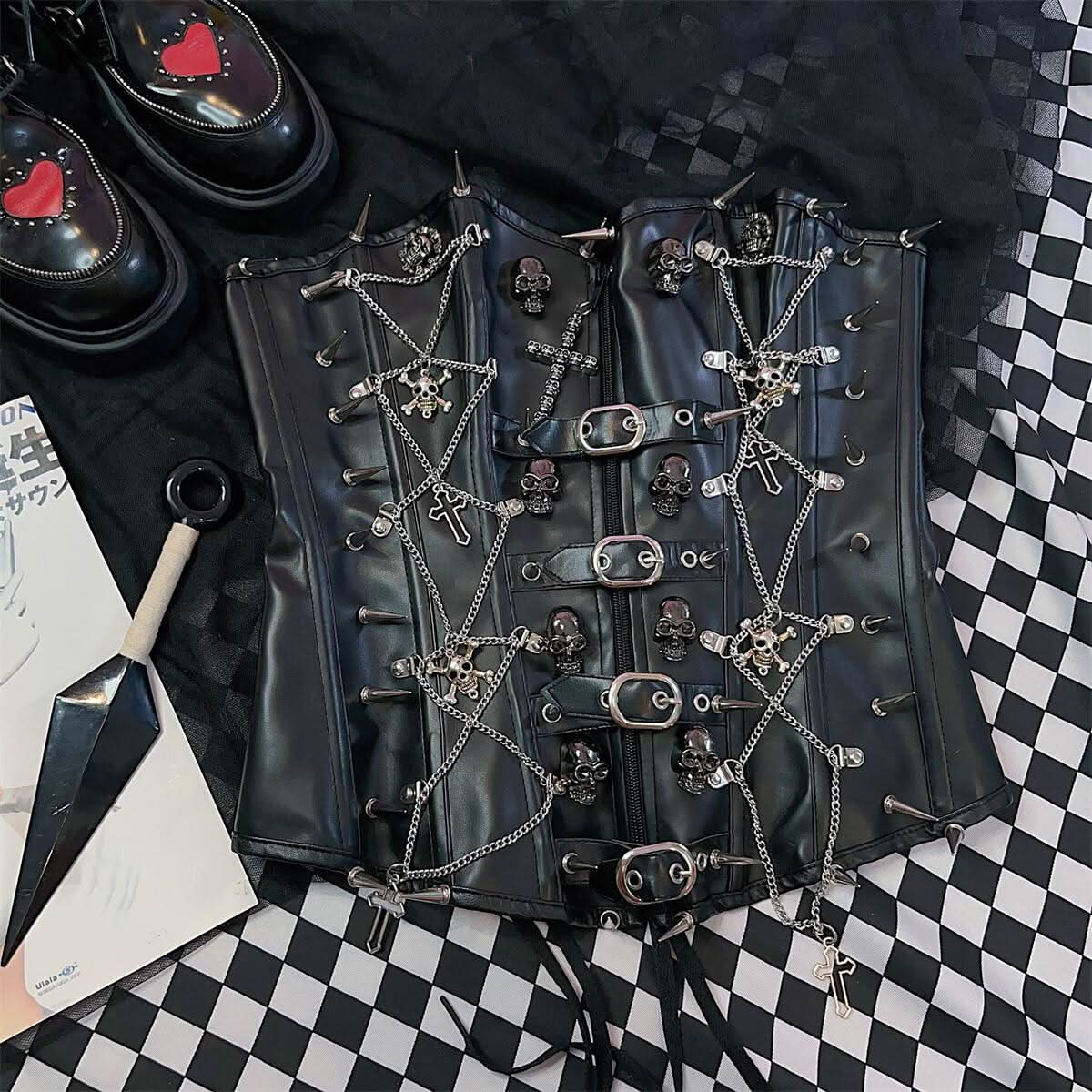 Cross applique PU leather rivet buckle bustier tube top