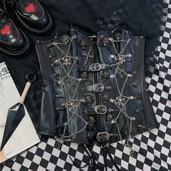 Cross applique PU leather rivet buckle bustier tube top