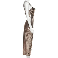 Metallic ruched backless patchwork solid midi dress- Final Sale