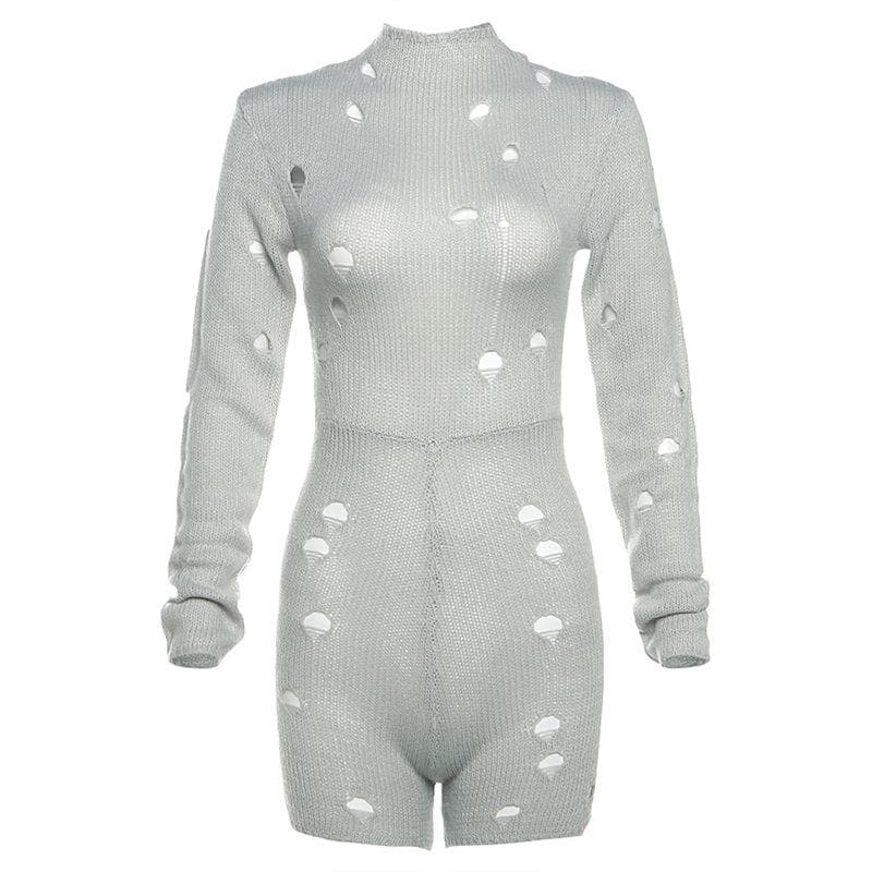 Hollow out long sleeve high neck self tie crochet solid romper-final-sale