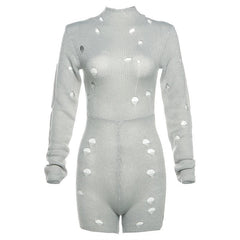 Hollow out long sleeve high neck self tie crochet solid romper-final-sale