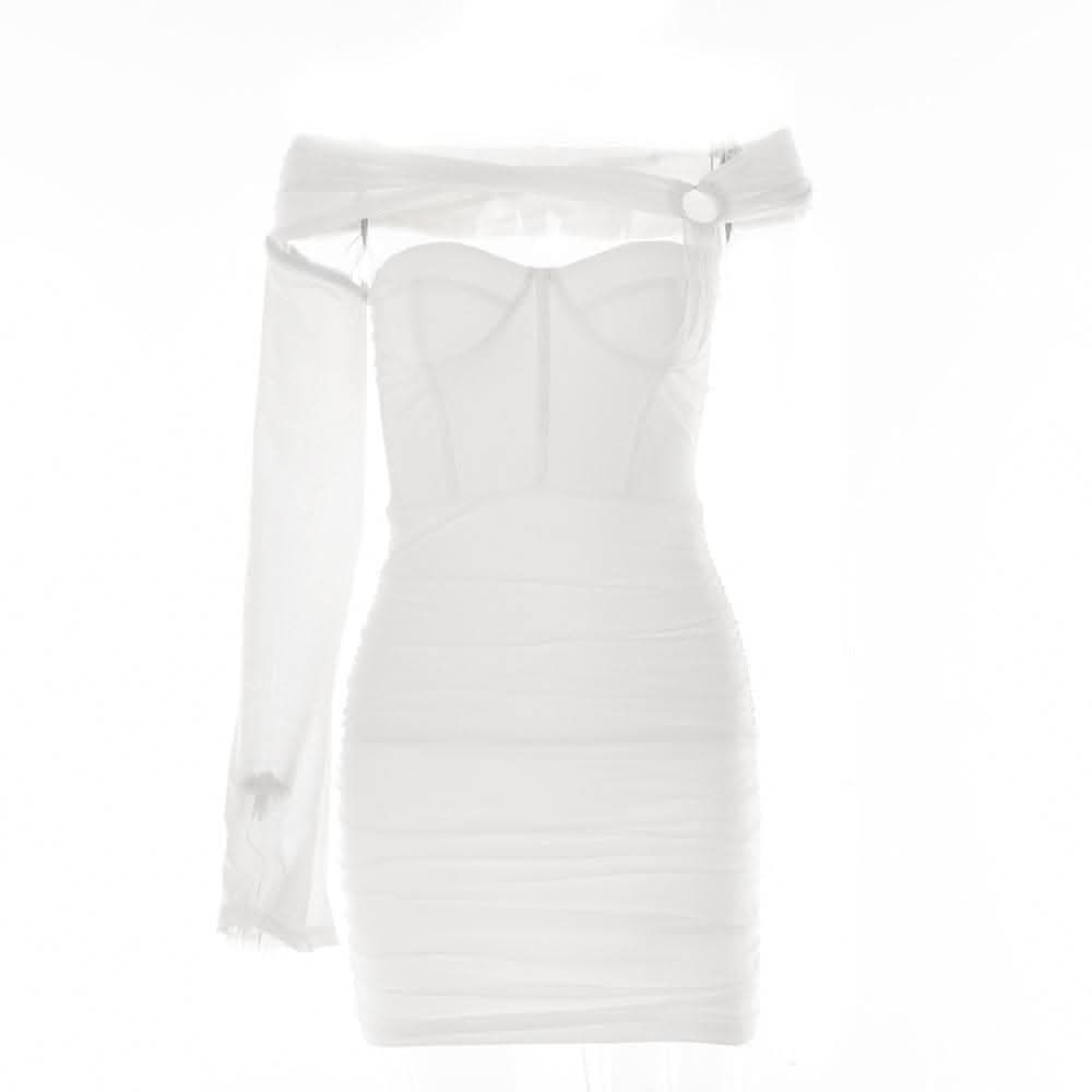 Solid one shoulder o ring hollow out mesh backless cut out mini dress-final-sale