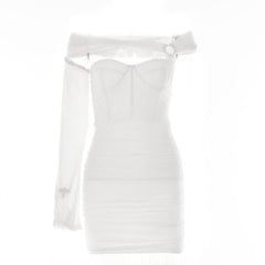 Solid one shoulder o ring hollow out mesh backless cut out mini dress-final-sale