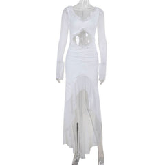 Hollow out long sleeve ruched ruffle mesh cut out maxi dress