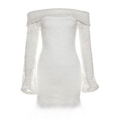 Off shoulder long flared sleeve feather lace mini dress