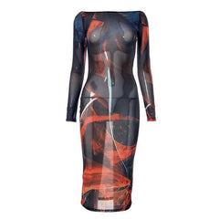 Sheer mesh see through backless contrast print long sleeve midi dress-final-sale