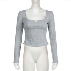 Square neck long sleeve bowknot ruffle top
