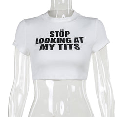 Short sleeve crewneck letter print crop top