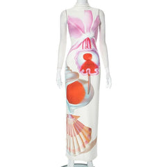 Abstract contrast print high neck sleeveless slit maxi dress-final-sale