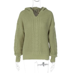 Hoodie long sleeve knitted solid v neck top-final-sale