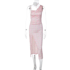 Contrast irregular slit sleeveless flower print cowl neck midi dress-final-sale