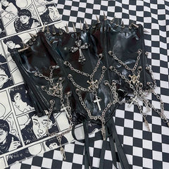 Zip-up metal chain cross applique PU leather lace up top