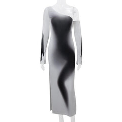 Long sleeve one shoulder ruched palm print gradient slit maxi dress- Final Sale