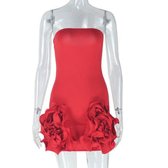 Flower applique solid backless tube mini dress