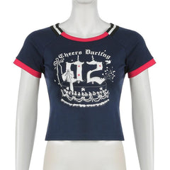 Short sleeve letter print contrast stitch top