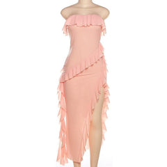 Ruffle solid slit irregular backless tube midi dress-final-sale