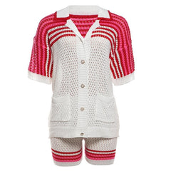 Turnover collar short sleeve button hollow out pant set