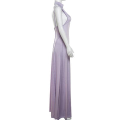 High neck stitch halter backless solid maxi dress