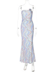 Rose applique ruched contrast mesh tube maxi dress