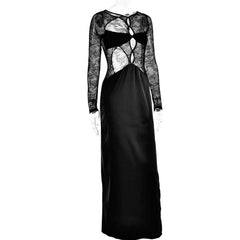Long sleeve crewneck lace hollow out high slit cut out maxi dress-final-sale