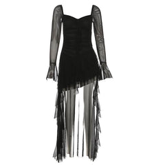 Long flared sleeve irregular mesh ruched mini dress